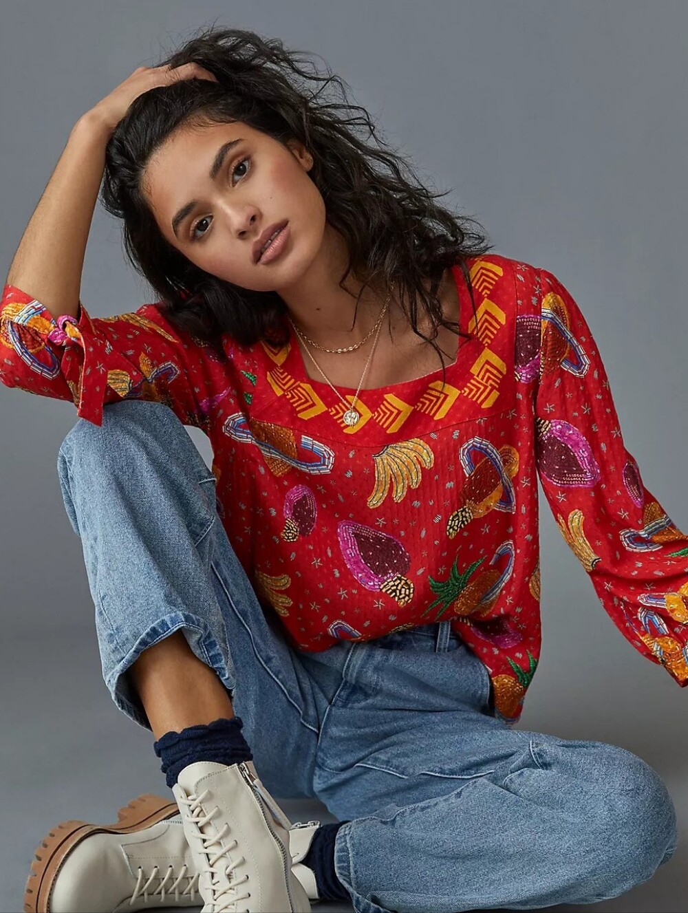 Farm Rio Bindi Red Planetary Cosmic Fruit Embroidered Blouse ** Size Small